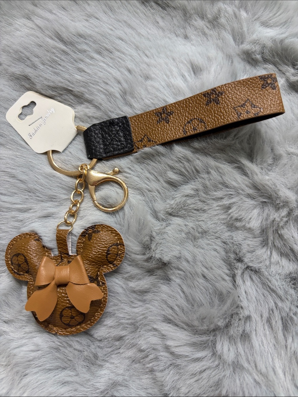 Brown Leather Mickey Keychain Wristlet with Bow